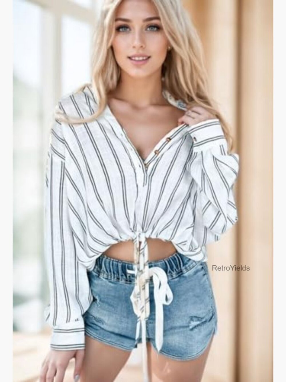 Cropped Button Down Shirt Oversized Striped Long Sleeve Drawstring Hem Blouse - Picture 3 of 7